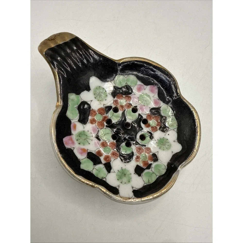 Black Floral Handpainted Decorative Japanese Vintage Ceramic Tea Bag Holder